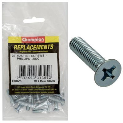 Champion M6 x 25mm Machine Screw -Csk -Ph -25pk